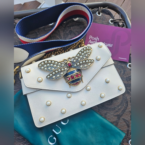 Gucci Bee Nappa Pearl Studded Mini Queen Margaret Broadway Shoulder Bag - Picture 16 of 16